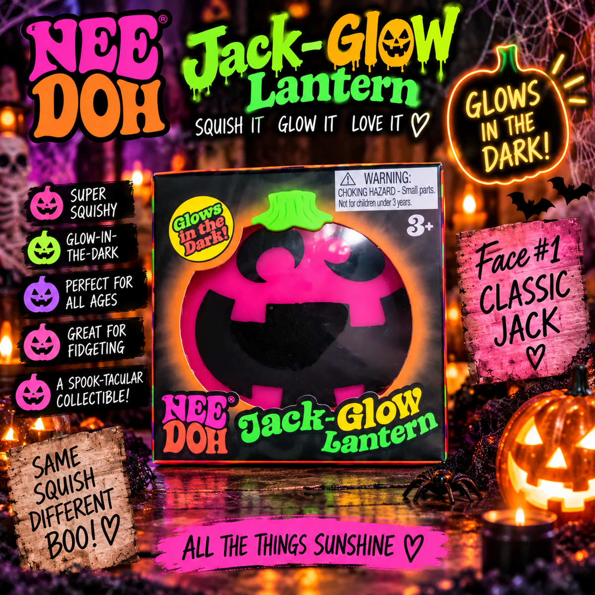 NeeDoh Jack-Glow Lantern Glow-in-the-Dark Halloween Squishy – Choose Your Face
