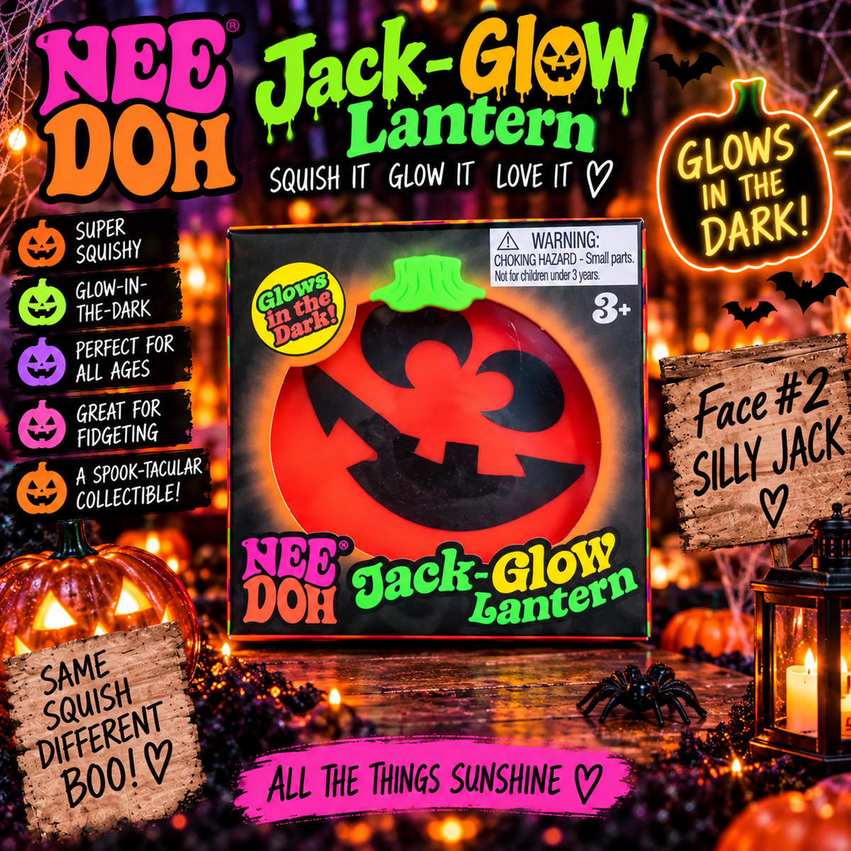 NeeDoh Jack-Glow Lantern Glow-in-the-Dark Halloween Squishy – Choose Your Face