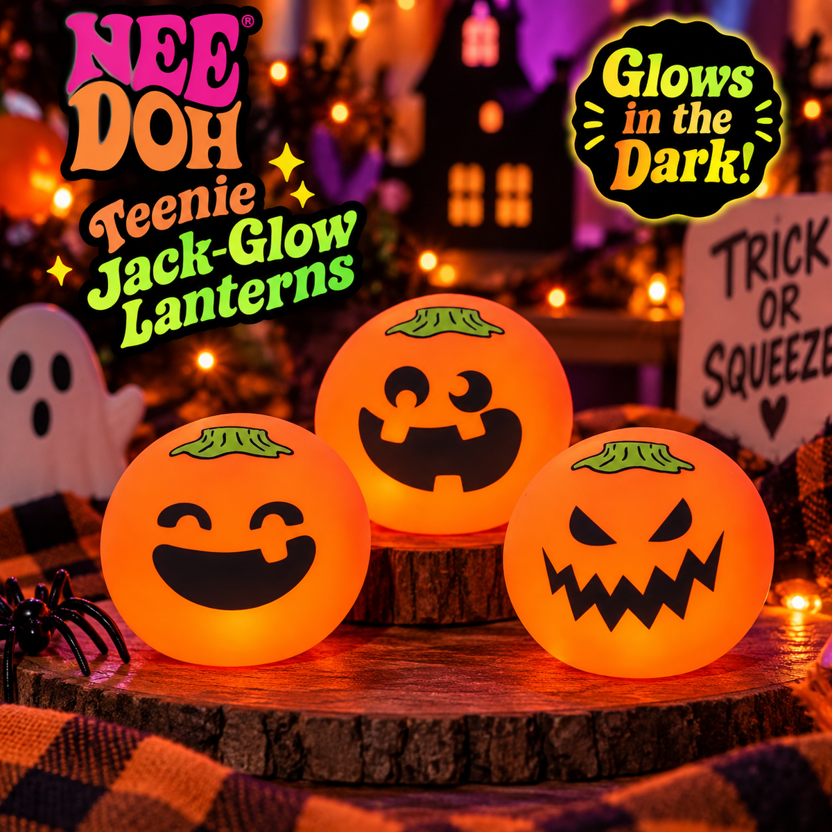 NeeDoh Teenie Jack-O’-Lanterns 3-Pack – Glow-in-the-Dark Halloween Squishies
