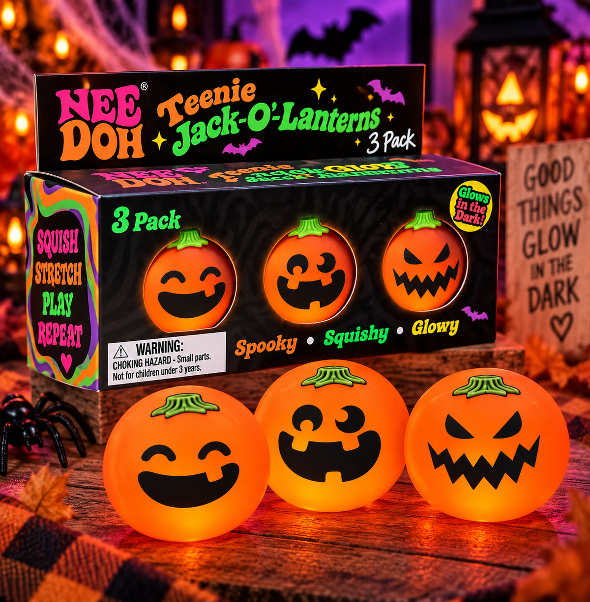 NeeDoh Teenie Jack-O’-Lanterns 3-Pack – Glow-in-the-Dark Halloween Squishies