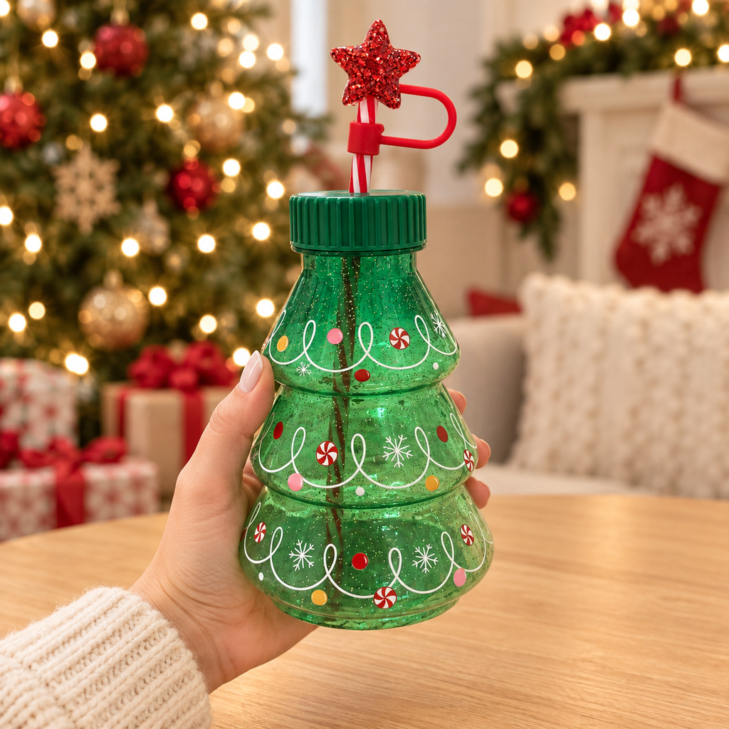Glitter Christmas Tree Tumbler with Star Straw Topper